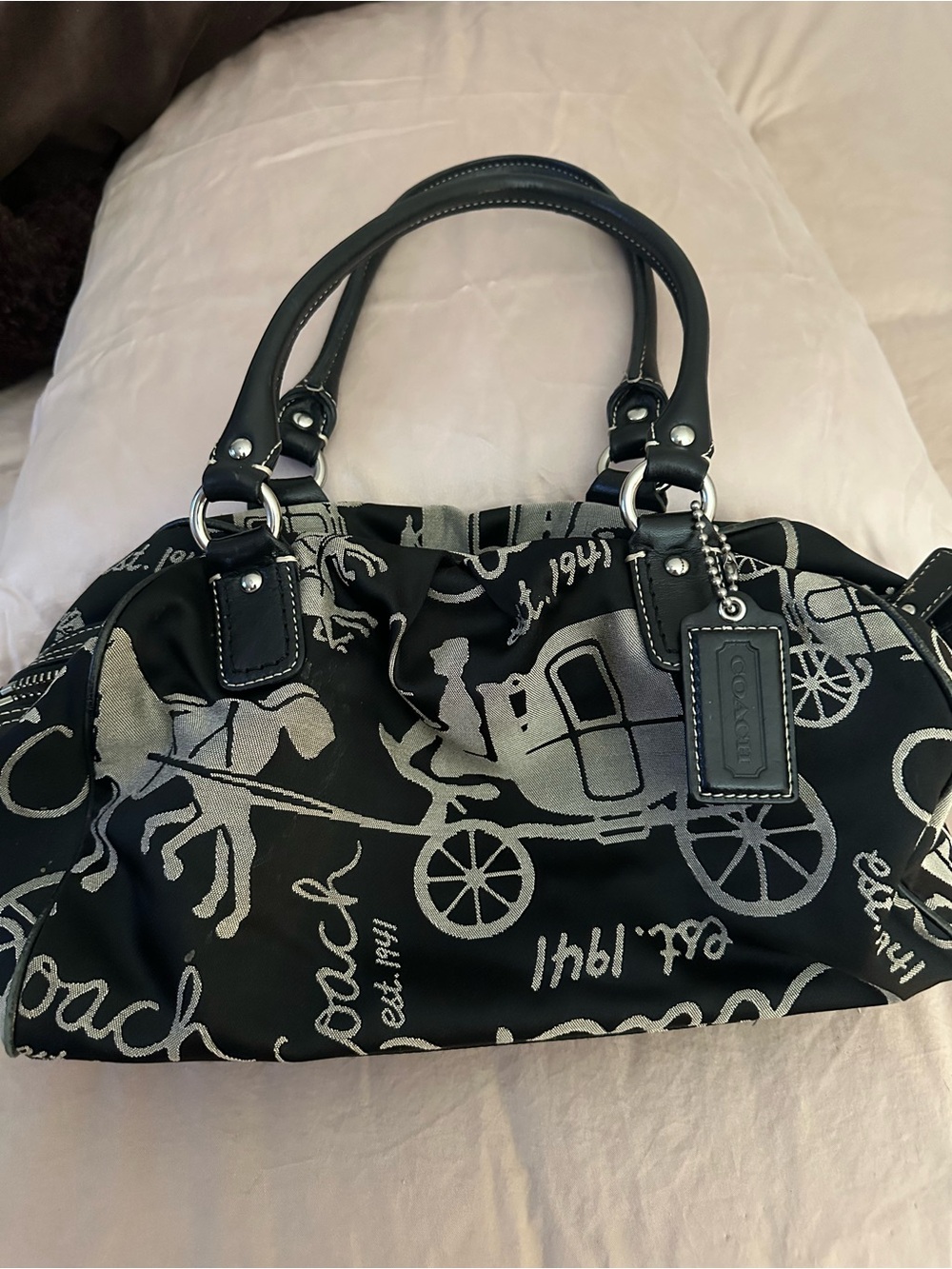 RARE FIND Coach Black Satchel with Silver Carriage Print